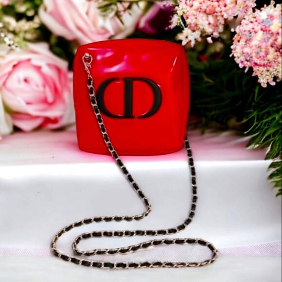 DIOR Crossbody Purse 6.5" Square RED GLOSSY converted Cosmetic bag w GOL… - Picture 1 of 16